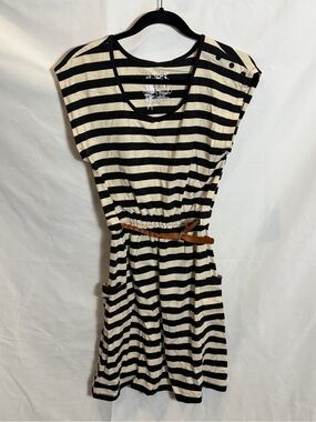 Poof! Black and Cream Striped Casual Belted Mini Dress